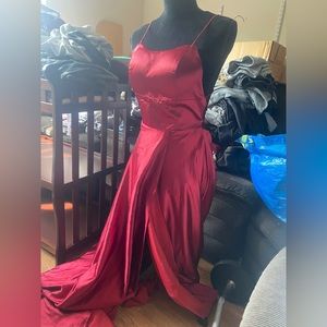 Red Satin Gown with Train & crisscross back